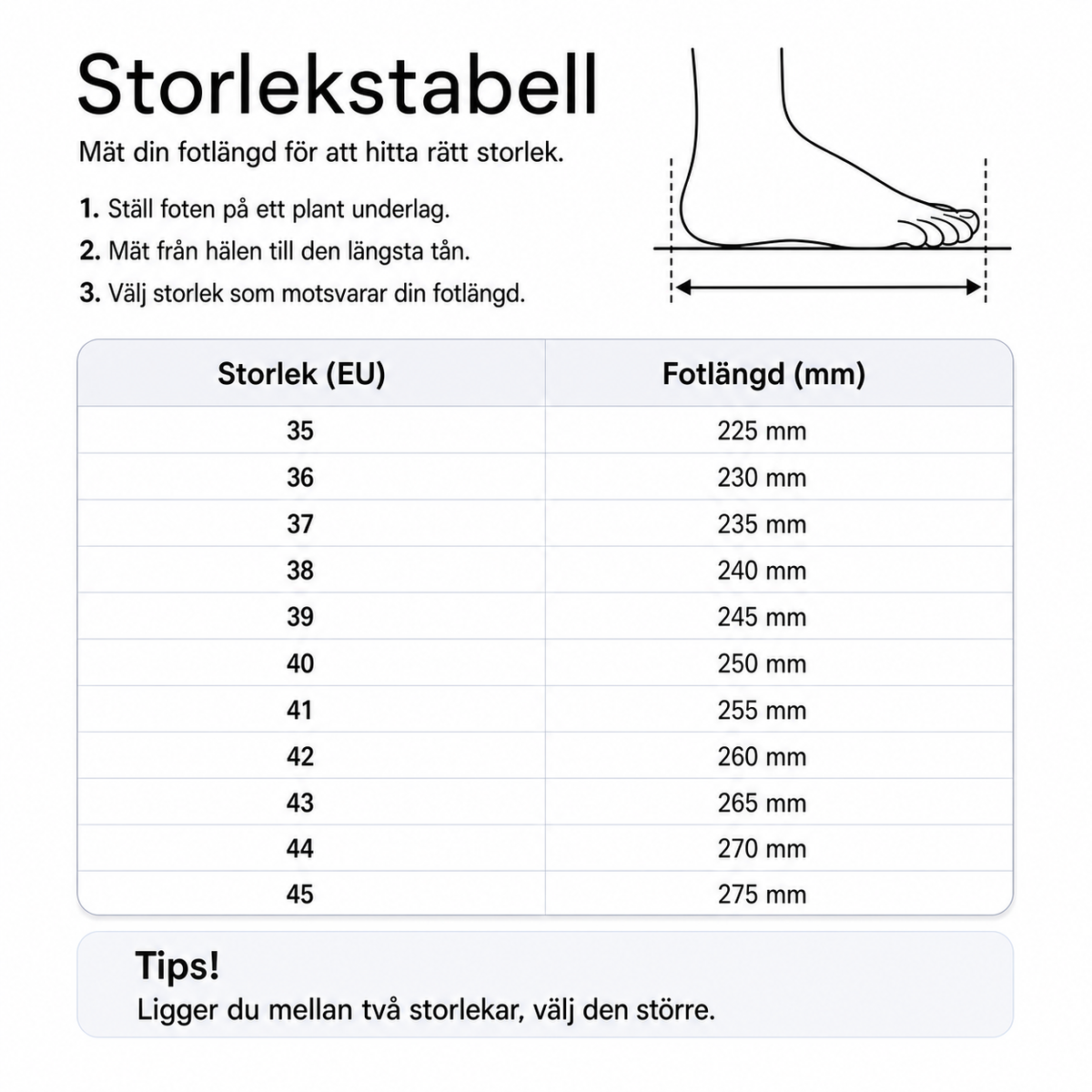 Storlekstabell för varma tofflor: EU-storlek och fotlängd i mm