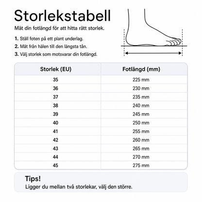 Storlekstabell för varma tofflor: EU-storlek och fotlängd i mm