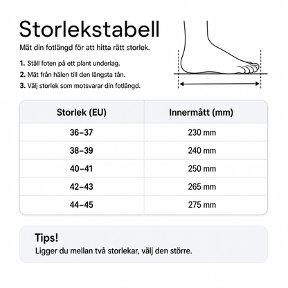 Storlekstabell (EU) och innermått för tofflor i mocka
