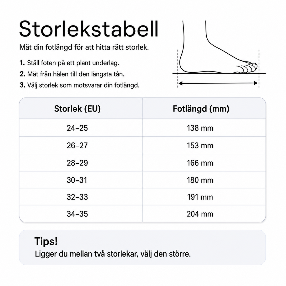 Storlekstabell för badskor: EU-storlek och fotlängd i mm