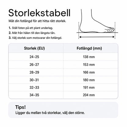 Storlekstabell för badskor: EU-storlek och fotlängd i mm