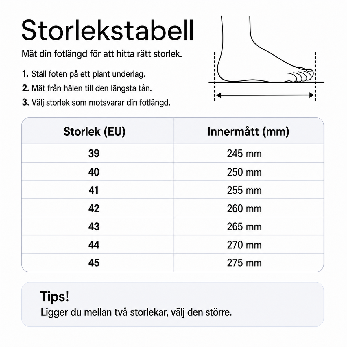 Storlekstabell för sneakers: innermått i mm för EU-storlekar 39–45