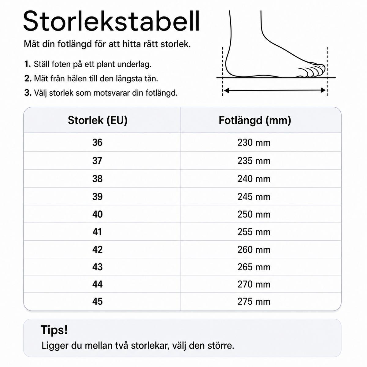 Storlekstabell med EU-storlekar och fotlängd i millimeter (mm).