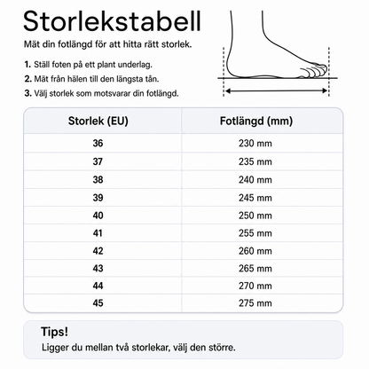 Storlekstabell med EU-storlekar och fotlängd i millimeter (mm).