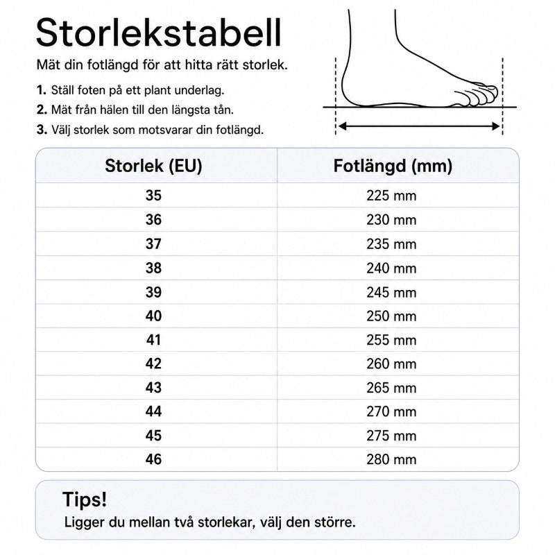 Storlekstabell för golfskor: EU-storlek och fotlängd i mm