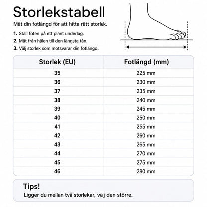 Storlekstabell för golfskor: EU-storlek och fotlängd i mm