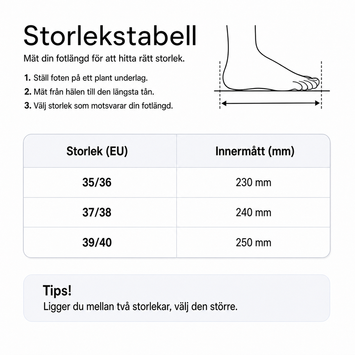 Storlekstabell för ventilerande tofflor: EU 35/36, 37/38, 39/40