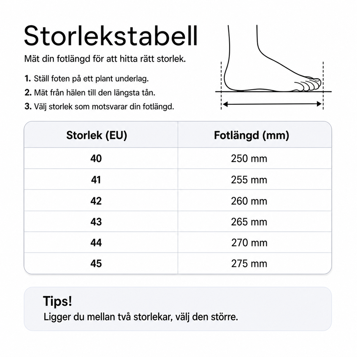 Storlekstabell för vandringsskor för herr med fotlängd i mm