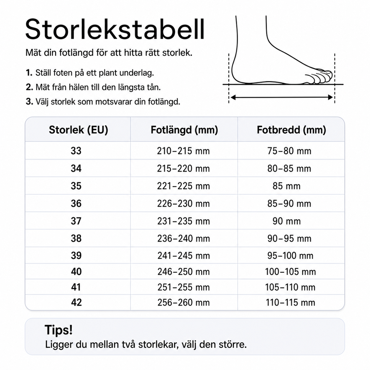 Storlekstabell för tofflor: mått och storlekar (EU 33–42)