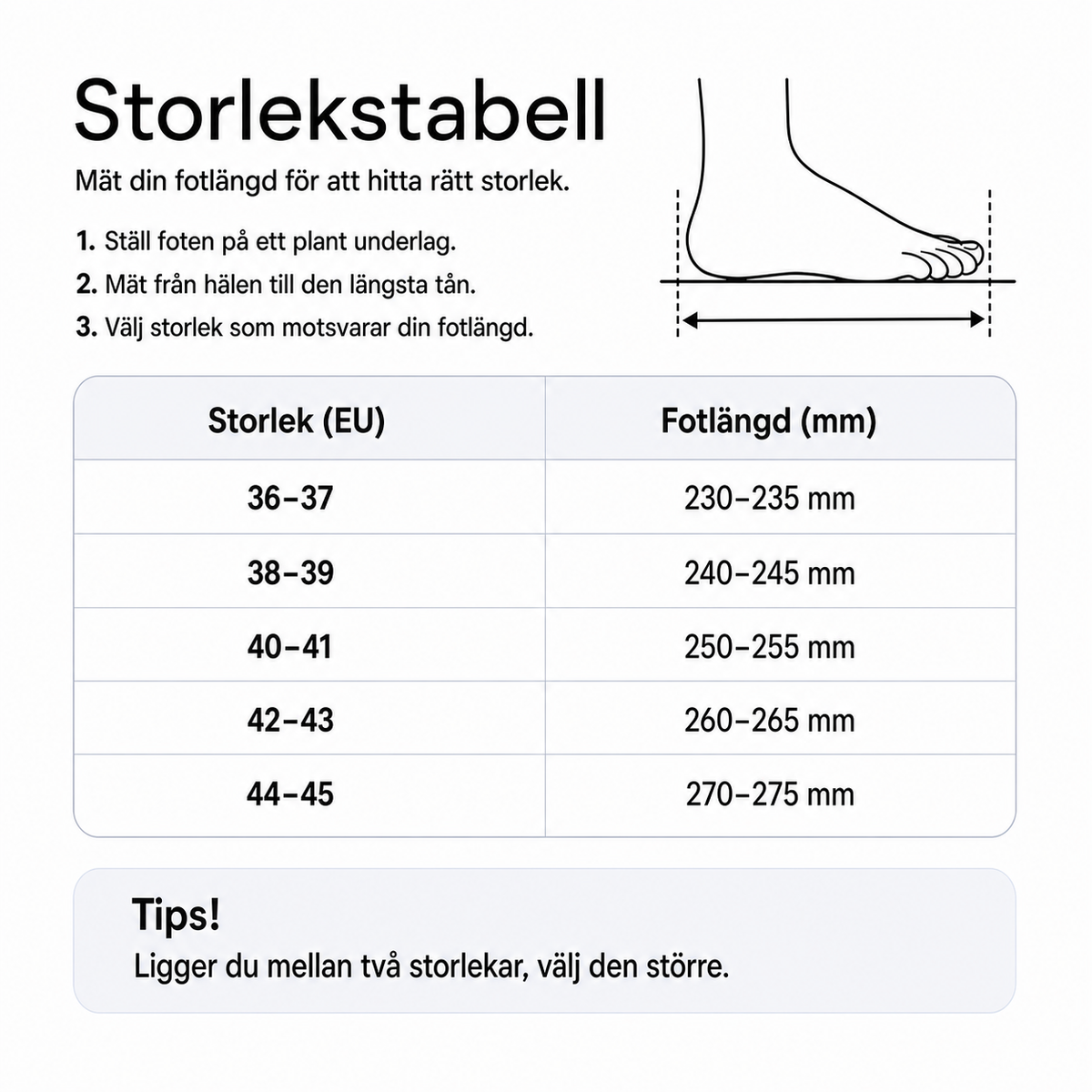 Storlekstabell med EU-storlek och fotlängd i mm för tofflor