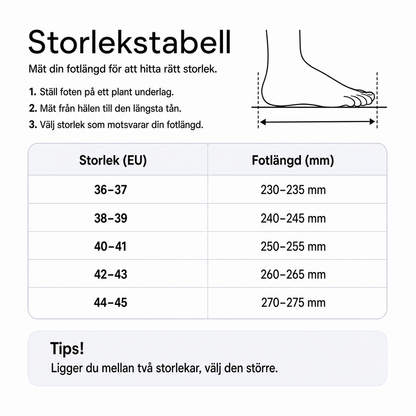 Storlekstabell med EU-storlek och fotlängd i mm för tofflor