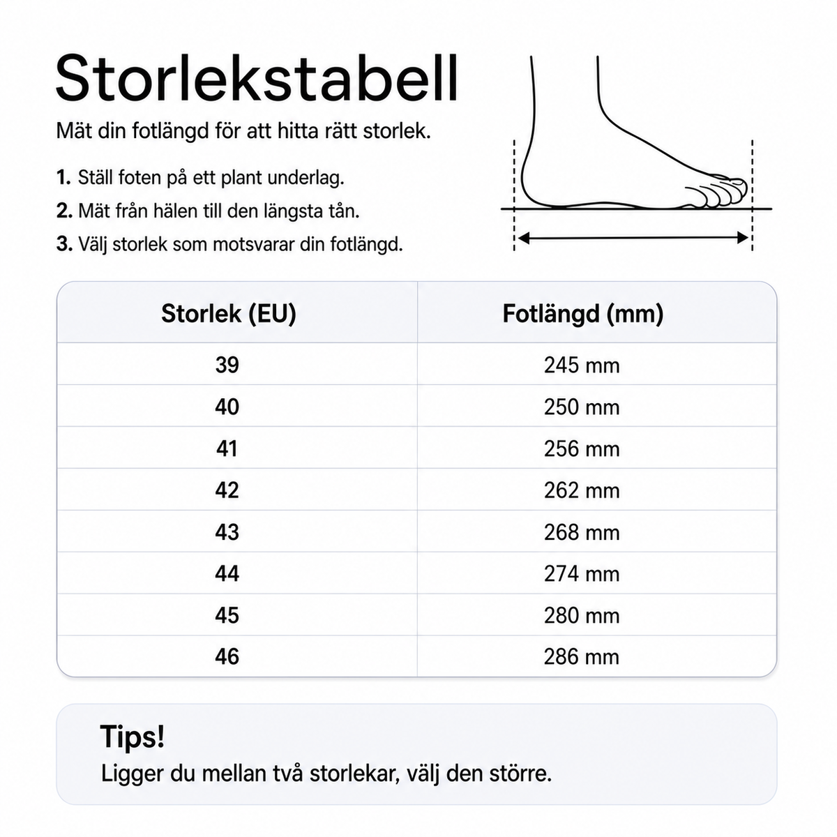 Storlekstabell med EU-storlek och fotlängd (mm)