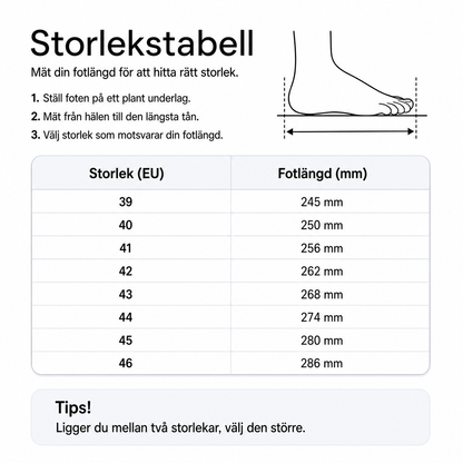 Storlekstabell med EU-storlek och fotlängd (mm)