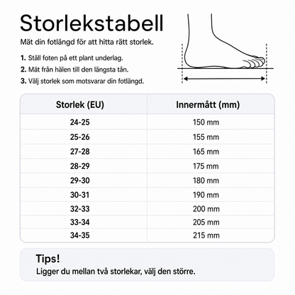 Storlekstabell: EU-storlek och innermått i mm för barntofflor.