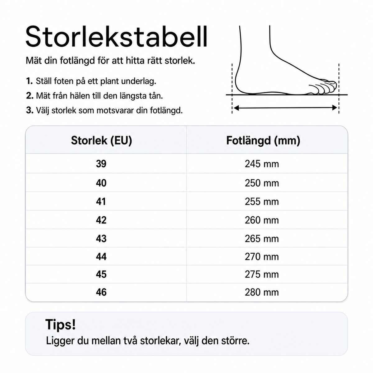 Storlekstabell för träningsskor med EU-storlek och fotlängd i mm