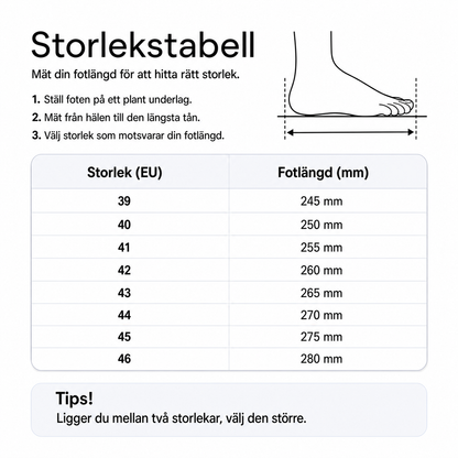 Storlekstabell för träningsskor med EU-storlek och fotlängd i mm