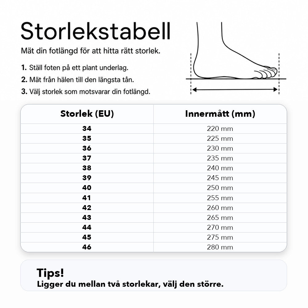 Storlekstabell för tofflor: EU-storlek och innermått i millimeter