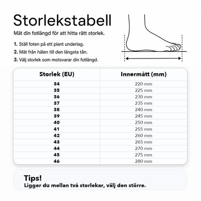 Storlekstabell för tofflor: EU-storlek och innermått i millimeter
