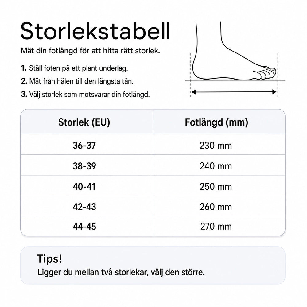 Storlekstabell för tofflor: storlek EU 36–45 och fotlängd i mm.