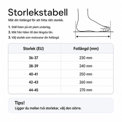 Storlekstabell för tofflor: storlek EU 36–45 och fotlängd i mm.