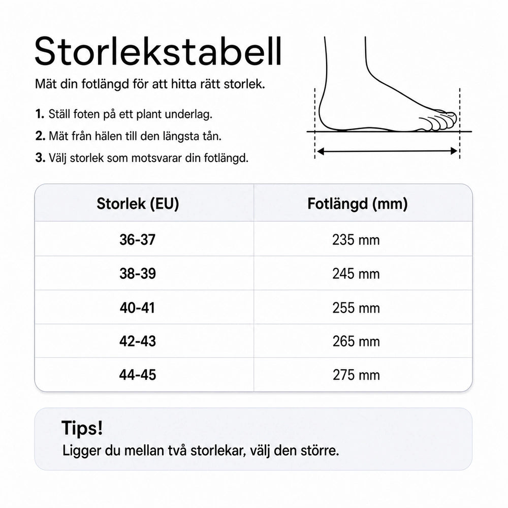 Storlekstabell (EU) med fotlängd: 36–37 till 44–45 mm i tabell