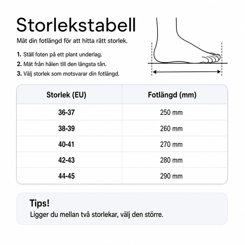 Storlekstabell för tofflor: EU 36–45 och fotlängd 250–290 mm